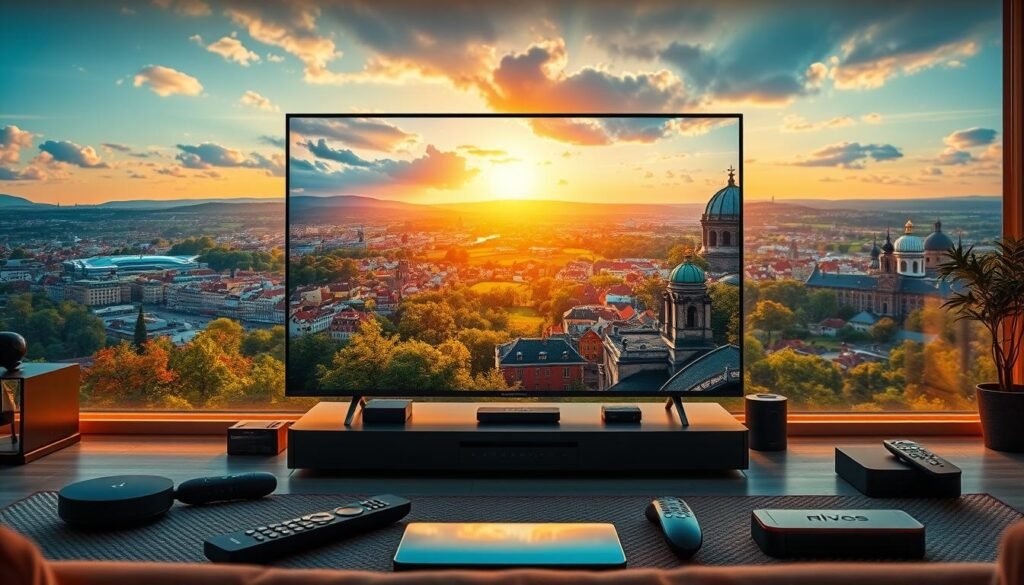 A vivid 4K live TV landscape showcasing the top German channels. In the foreground, a sleek, state-of-the-art 4K television set displays vibrant, high-resolution content, surrounded by various streaming devices and remote controls. The middle ground features immersive, panoramic views of cityscapes, rolling hills, and iconic German landmarks, all rendered in stunning detail. The background is bathed in a warm, golden glow, creating a cozy, inviting atmosphere. The scene is captured through a wide-angle lens, emphasizing the breadth and depth of the 4K viewing experience for German viewers.