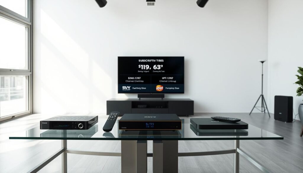 A well-lit studio scene showcasing a side-by-side comparison of Scandinavian IPTV service offerings. In the foreground, sleek IPTV devices sit atop a modern glass and steel table, each with their respective remotes and branding. The middle ground features informative graphics displaying pricing, subscription tiers, and channel lineups for the services. The background has a minimalist Scandinavian aesthetic, with clean white walls and natural lighting streaming in from large windows. The overall mood is professional, tech-savvy, and tailored to appeal to the discerning Scandinavian consumer.