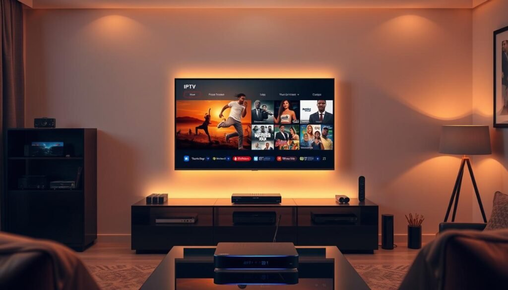 A well-organized home entertainment setup with a sleek 4K TV mounted on the wall, surrounded by modern media devices including a high-performance IPTV set-top box. The room is bathed in warm, soft lighting, creating a cozy and inviting atmosphere. The setup is complemented by minimalist yet stylish decor, emphasizing the technological sophistication of the IPTV system. The image conveys a sense of easy access to a wide range of live Nigerian channels, including Nollywood movies and shows, all within the comfort of a well-designed home environment.