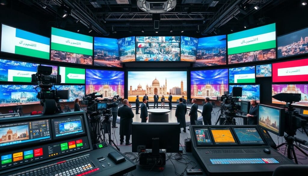 A wide-angle view of a television broadcast studio, filled with state-of-the-art 4K cameras, monitors, and broadcast equipment. In the foreground, a stack of professional-grade video mixers and audio consoles, their displays flickering with live feeds from the Middle East channels. In the middle ground, a team of technicians and presenters, dressed in sleek, modern attire, working in sync to deliver the latest news and entertainment. The background is dominated by a massive, high-resolution video wall, showcasing a vibrant, colorful array of Middle Eastern flags, cityscapes, and cultural imagery, illuminated by soft, warm lighting that creates a inviting, professional atmosphere.