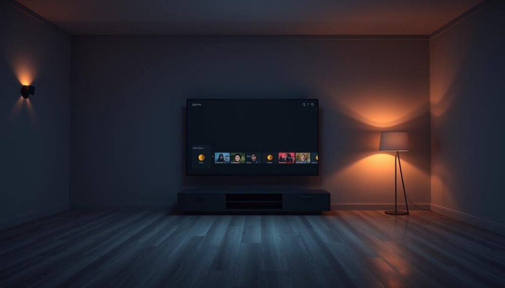 An empty living room with a large flat-screen TV screen in the center, displaying a sleek dark mode user interface for a live TV streaming service. The room is dimly lit, with soft ambient lighting from subtle wall sconces and a floor lamp in the corner. The TV screen is the focal point, casting a warm glow across the minimalist furniture and hardwood floors. The overall atmosphere is calming and immersive, inviting the viewer to experience the eye-friendly benefits of a dark mode IPTV interface.