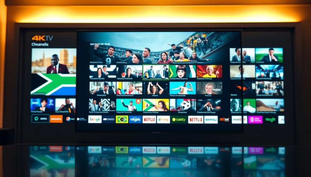 Detailed 4K IPTV channels showcasing the vibrant diversity of South African entertainment. A sleek modern television with a seamless user interface displays an array of high-quality live streams - news, sports, movies, and more. The screen is framed by a clean, minimalist design, creating a sense of sophistication and reliability. Warm lighting accentuates the crisp visuals, while a subtle reflection on the TV's surface adds depth and visual interest. The overall composition conveys a premium, trustworthy IPTV service tailored to the discerning South African viewer.