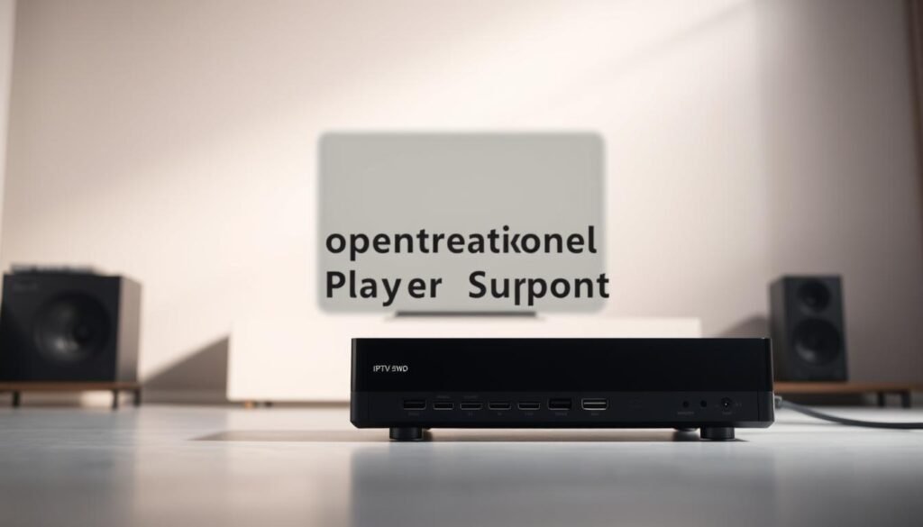 Detailed and modern 4k IPTV player, showcased in a well-lit studio environment. The player is positioned prominently in the foreground, its sleek, minimalist design highlighted by soft, directional lighting. The background features a clean, neutral color palette, allowing the player to take center stage. The composition emphasizes the player's connectivity options and compatibility, hinting at its versatility. The overall mood is one of technological sophistication and performance, perfectly suited to illustrate the "Importance of External Player Support" within the article.