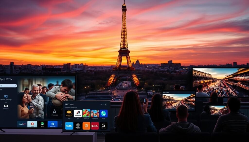Elegant French-themed IPTV service providers set against a backdrop of the Eiffel Tower at sunset. The foreground showcases sleek, modern UI designs for IPTV platforms, with icons and graphics representing high-quality 4K streaming, channel lineups, and user-friendly features. In the middle ground, a group of people enjoying the IPTV service on various devices, conveying the convenience and accessibility. The background features a vibrant Parisian skyline, with the iconic Eiffel Tower glowing warmly as the sun dips below the horizon, creating a sophisticated and inviting atmosphere.