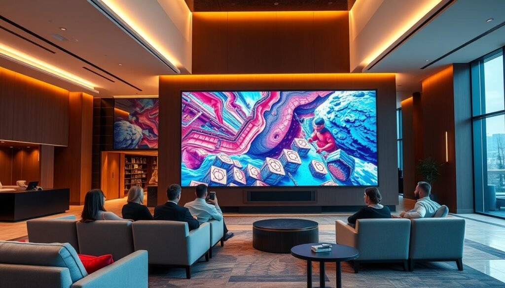 High-end 4K IPTV streaming system for hospitality industry. Sleek, modern hotel lobby with large, high-resolution display showcasing vivid, crystal-clear 4K video content. Guests seated comfortably, engaged with the immersive viewing experience. Warm, inviting lighting illuminates the space, creating a welcoming ambiance. Elegant, minimalist design with premium materials blends seamlessly into the upscale hotel environment. Cutting-edge technology enables reliable, low-latency streaming of premium live and on-demand content for an exceptional entertainment experience.