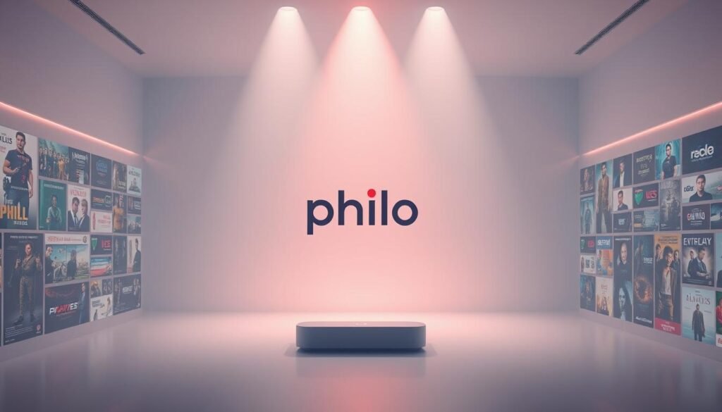 Philo Streaming Service: A sleek, minimalist interface showcasing a vast library of on-demand entertainment. Soft lighting illuminates the clean, streamlined design, creating a modern, inviting atmosphere. In the center, the Philo logo stands out prominently, surrounded by a collection of crisp, high-quality thumbnails depicting a diverse range of movies, TV shows, and live channels. The background features a subtle, gradient-based color scheme that complements the overall aesthetic, setting the stage for a seamless, immersive viewing experience.